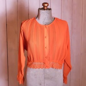 Orange Chiffon Lace Button Up Blouse